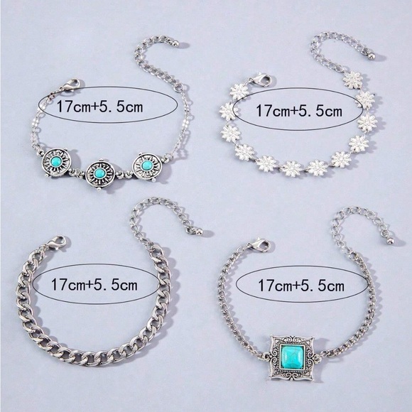4 PCS Green Turquoise Square Petal Silver Bracelets Set - Picture 4 of 5